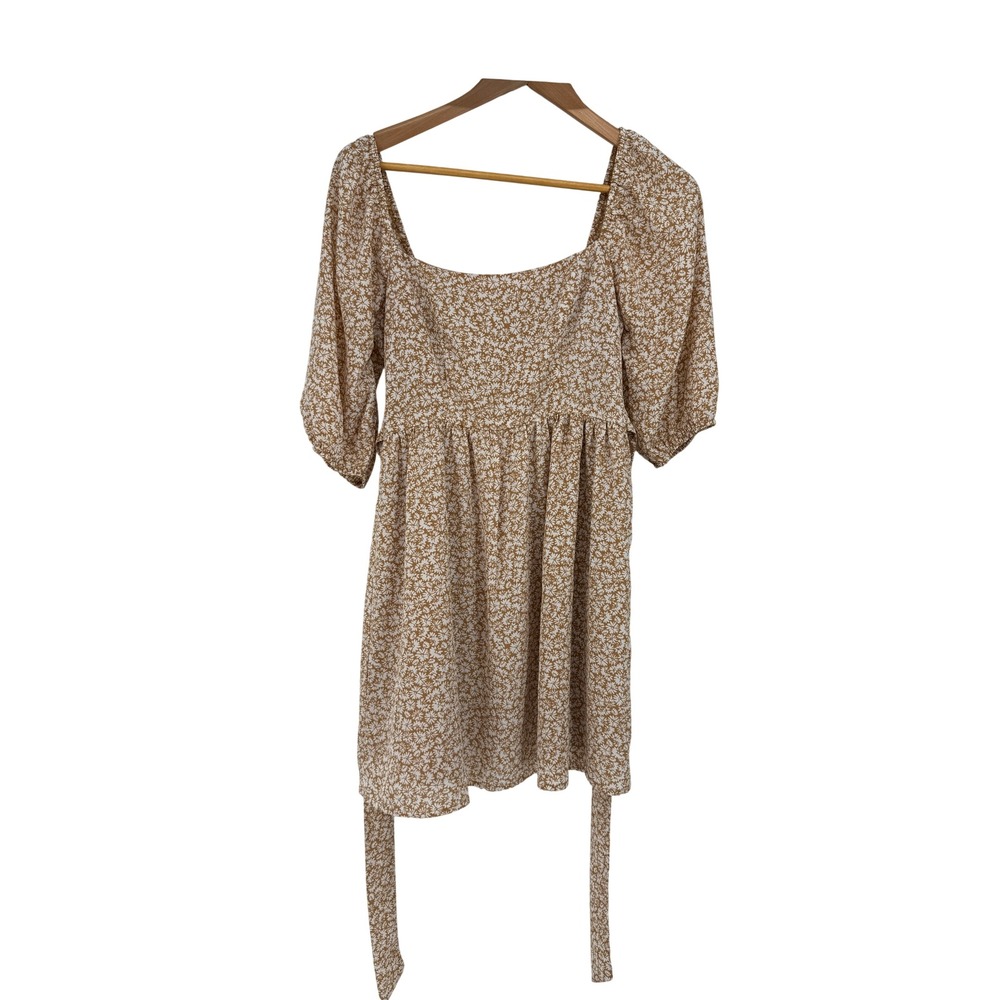 Forever‎ 21 Floral Puff Sleeve S Mini Dress Tan White Daisy Coquette Cottagecore